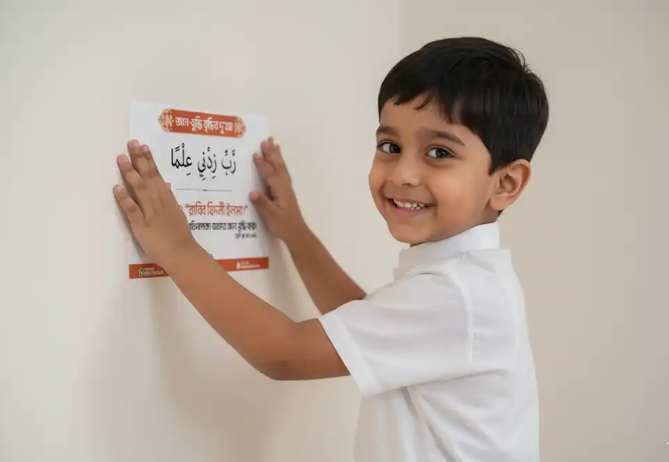 boy placing dua sticker